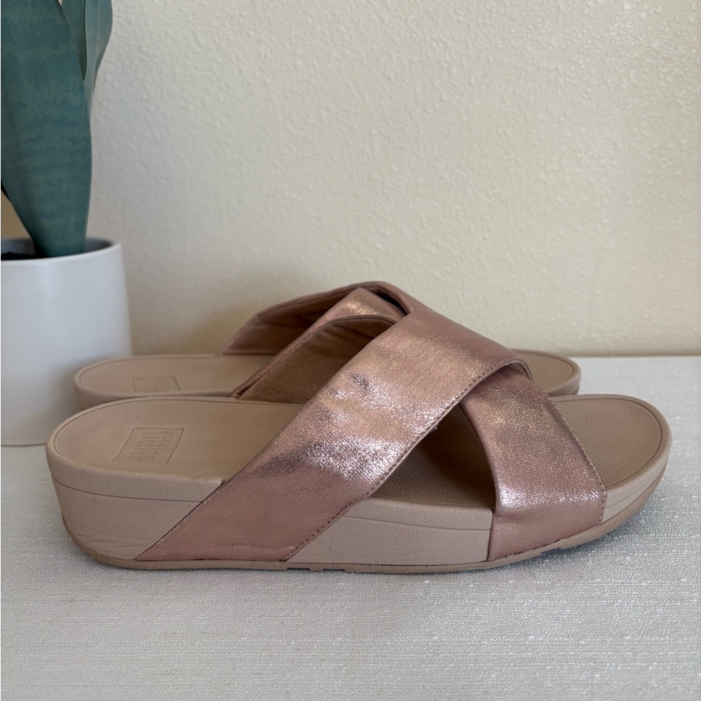Fitflop Rose Gold Leather Crossover Strap Slide Sandals Women’s 10